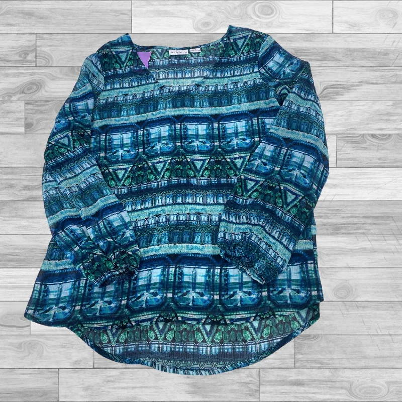 Women's Blouse with Square CollarTop Long Sleeve By Liz Claiborne In Blue & Green, Size: M