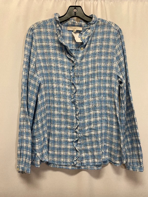 Women's Blouse with Keyhole CollarTop Long Sleeve By Loft In Blue, Size: L