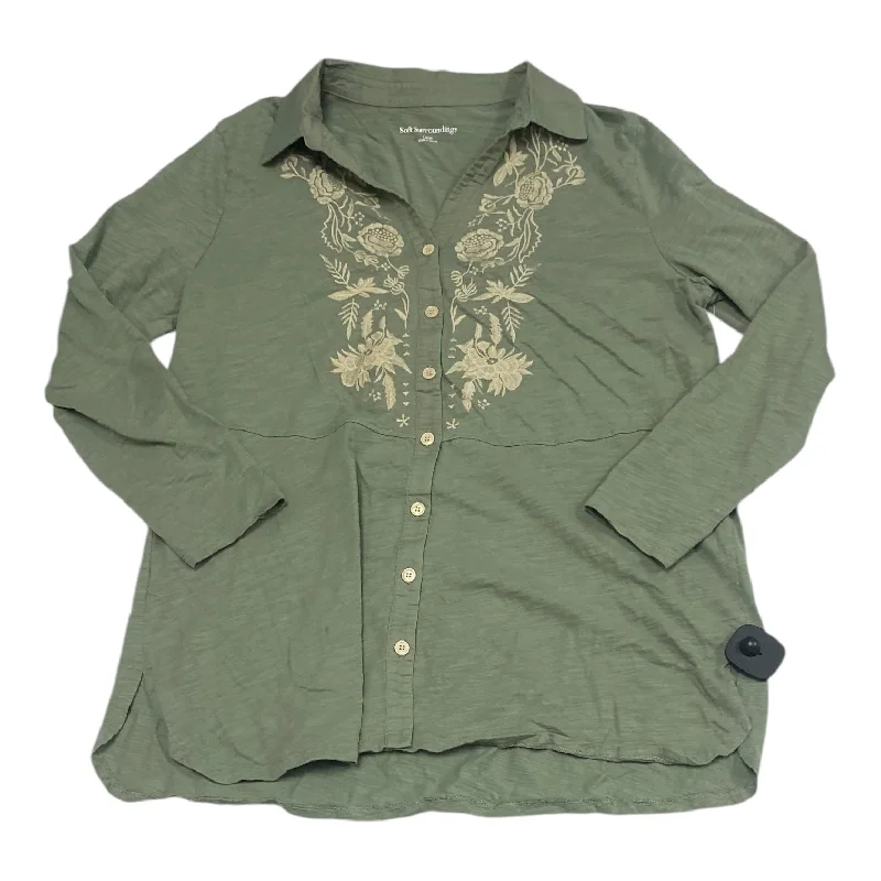 Women's Blouse with HoodTop Long Sleeve By Soft Surroundings In Green & Tan, Size: L