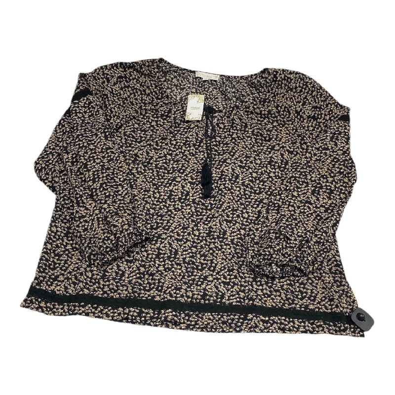 Women's Blouse with Fur TrimTop Long Sleeve By Suzanne Betro In Black & Tan, Size: 2x