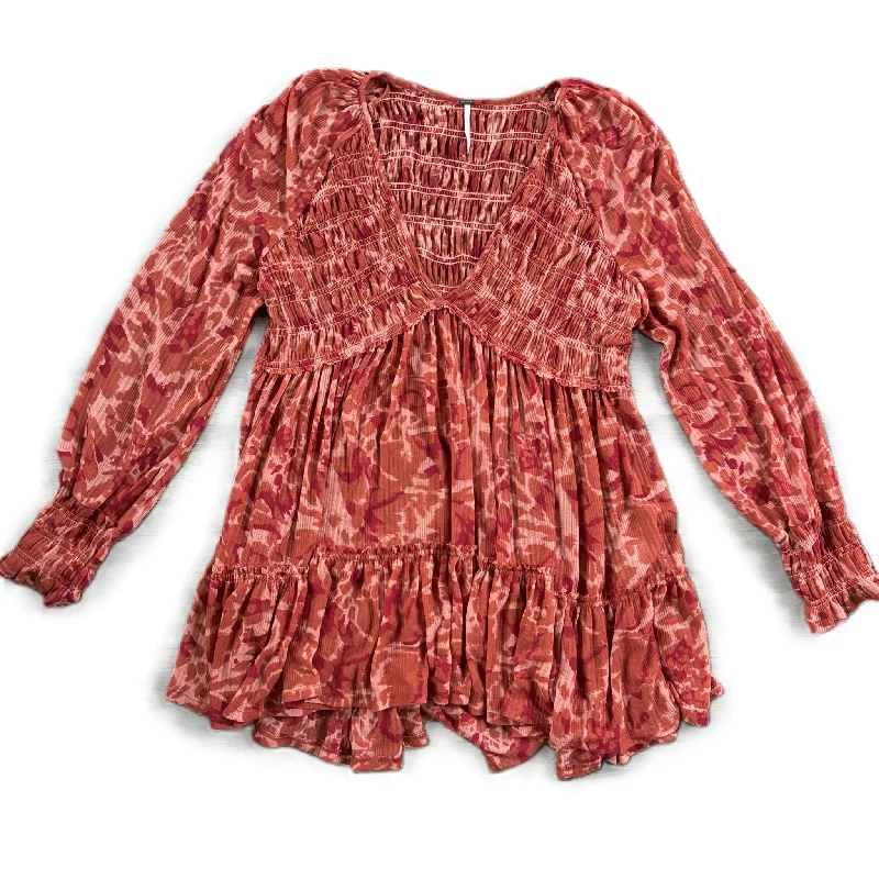 Women's Blouse with Sweetheart CollarTunic Long Sleeve By Free People In Orange & Red, Size: M