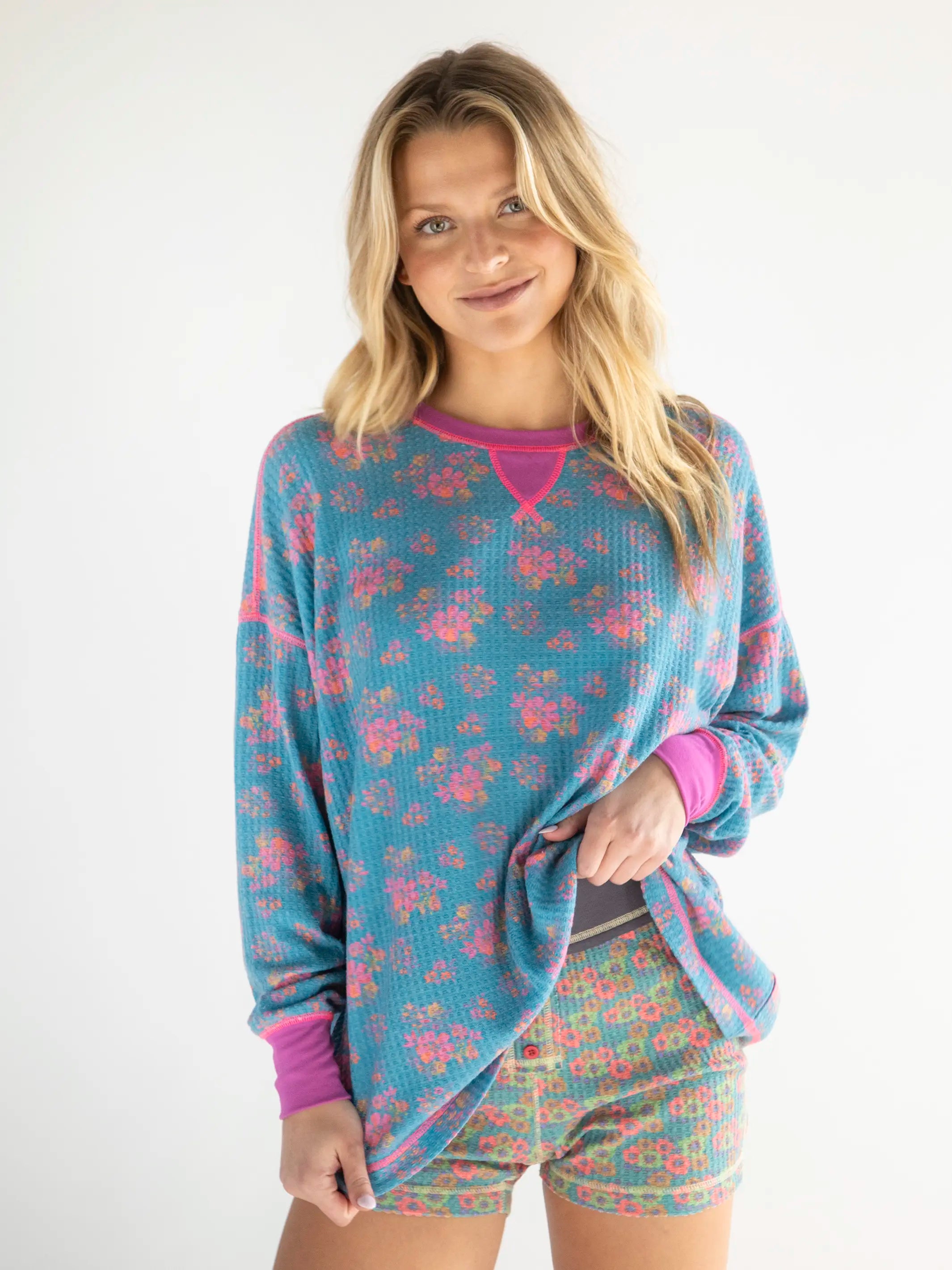 women's pajamas with a cozy, snug fit for ultimate comfortMix & Match Waffle Pajama Top - Turquoise Pink Mustard Floral