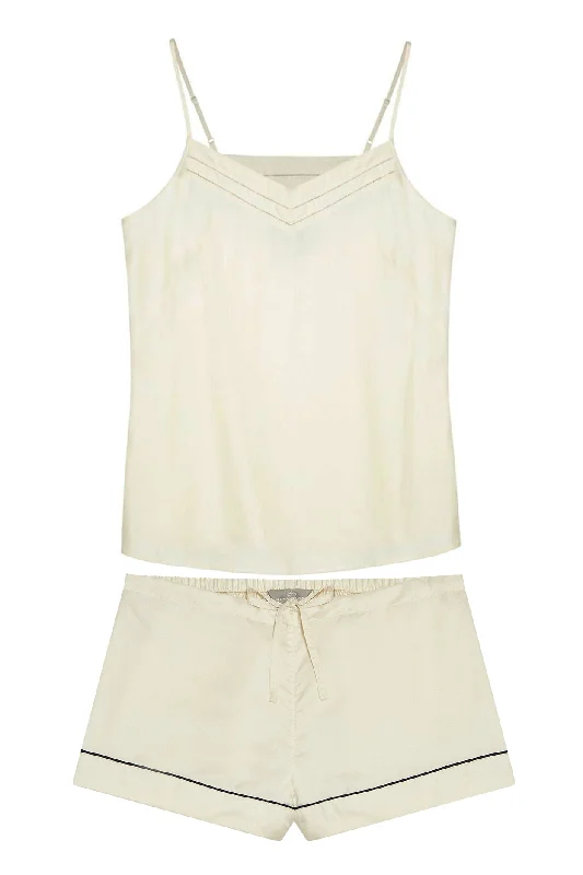 women's pajamas with an elasticized cuffsMulberry Silk Camisole & Shorts Set - Ivory (Natural) with navy piping