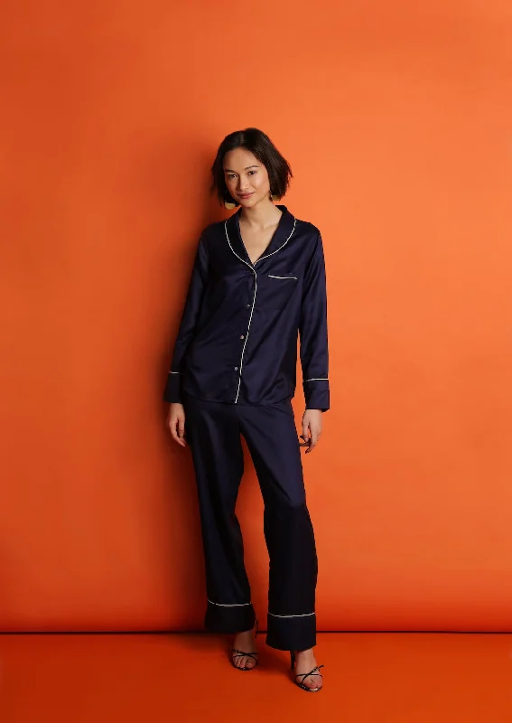 women's pajamas for those who seek cozy, all-night comfortMulberry Silk Pyjamas - Midnight Navy with Ivory Piping